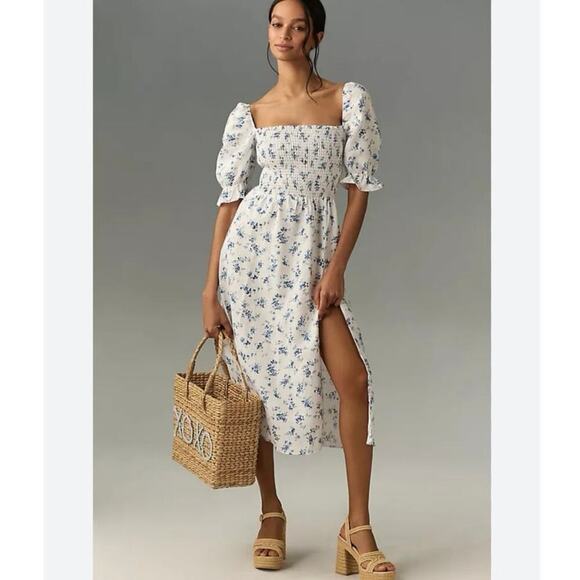NWOT Reformation Marbella Blue Floral Smocked Puff Sleeve Midi Dress Medium